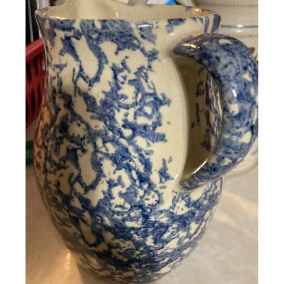 Vintage Robinson Ransbottom Spongeware Blue Pitcher Roseville, OHIO Made In USA - Picture 2 of 4